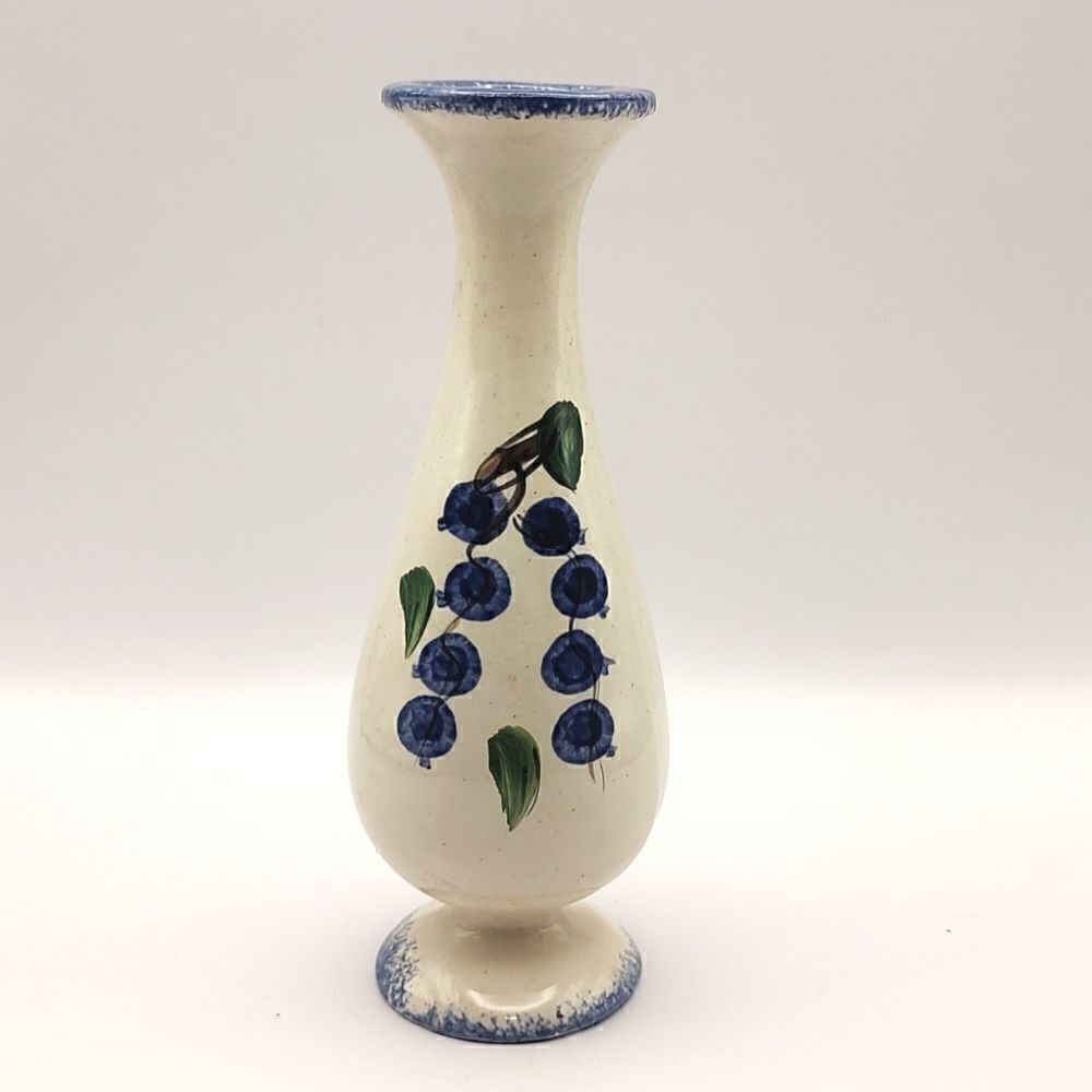 Wild Blueberry Vine Footed Pottery Bud Vase, Artist Signed